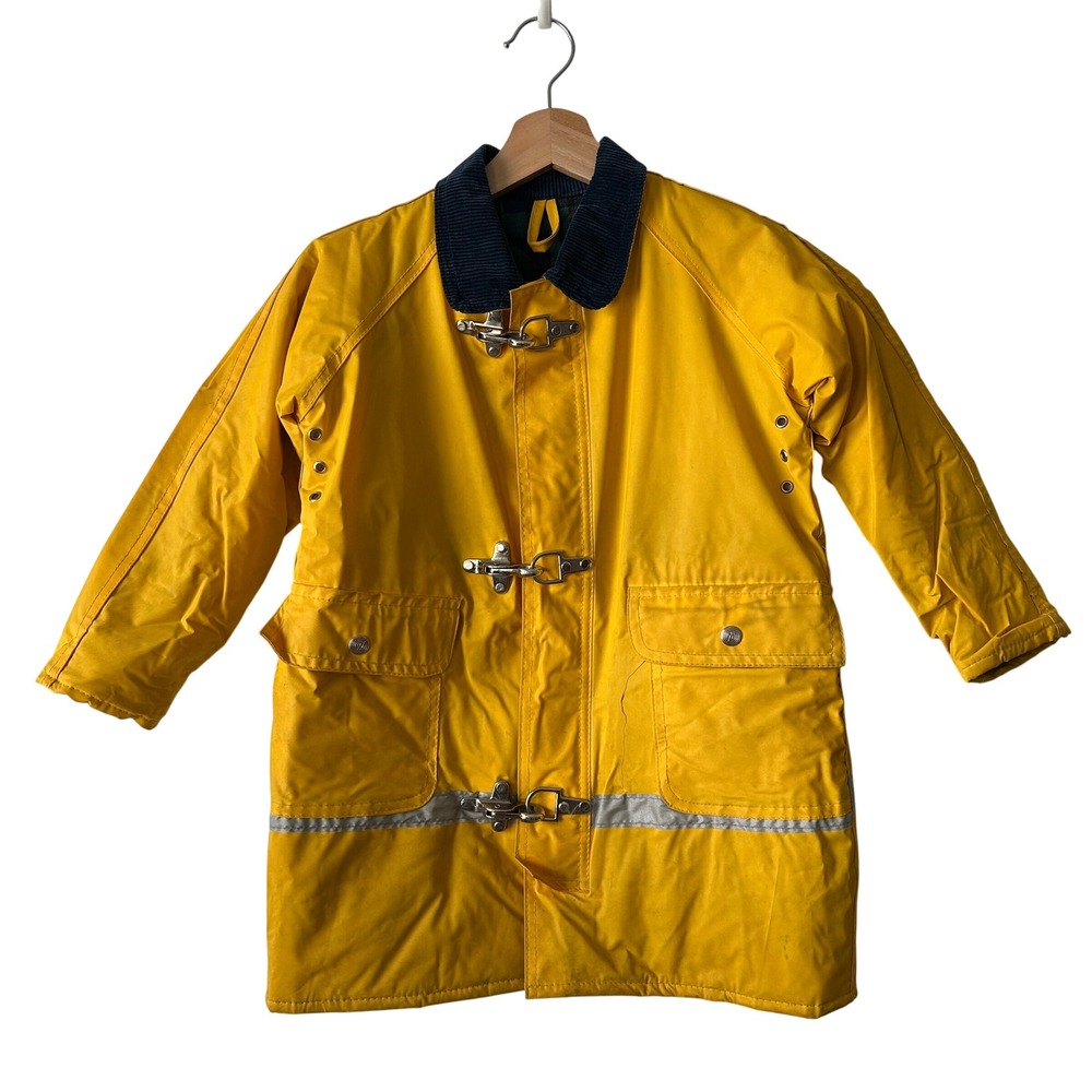 Wippette Kids Vintage Yellow Fireman Raincoat Metal Toggles Plaid Lined Size XS
